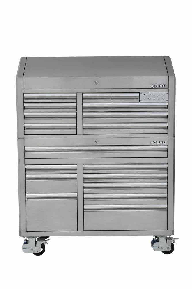 Kobalt Bottom Tool Cabinets 3000 Series 53-in W x 68.7-in H 18-Drawer Stainless Steel Rolling Tool Cabinet (Stainless Steel) 1 Kobalt Bottom Tool Cabinets 3000 Series 53-in W x 68.7-in H 18-Drawer Stainless Steel Rolling Tool Cabinet (Stainless Steel)