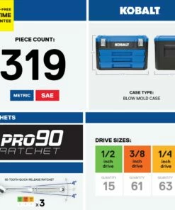 Kobalt Mechanics Tool Sets 319-Piece Standard (SAE) and Metric Combination Polished Chrome Mechanics Tool Set (1/4-in; 3/8-in) -Kobalt Sales Shop 15100861