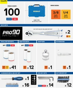 Kobalt Mechanics Tool Sets Centennial 100-Piece Standard (SAE) and Metric Combination Polished Chrome Mechanics Tool Set (1/4-in; 3/8-in) -Kobalt Sales Shop 40333067 scaled