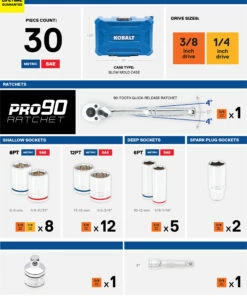 Kobalt Mechanics Tool Sets 30-Piece Standard (SAE) and Metric Combination Polished Chrome Mechanics Tool Set (3/8-in;) -Kobalt Sales Shop 47832736 scaled